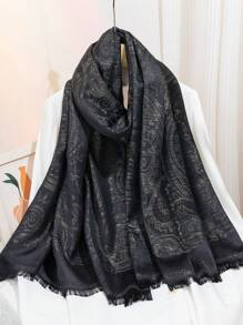 1件装女士闪亮金属佩斯利提花头巾节日披肩围巾，带开放式流苏