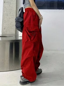 1件少女休闲宽松舒适工装裤，适合上学、户外活动、运动以及春秋季穿着。 - 紅色 - 查看 2