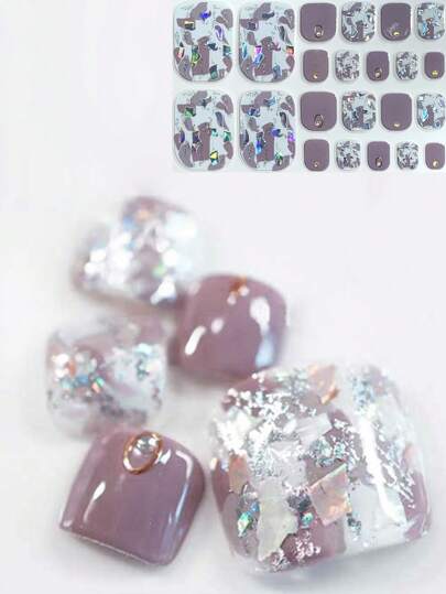 3D Holographic Sequin Marble Pattern Nail Stickers, Summer Travel & Party Wear, 22pcs Toe Nail Art Decals