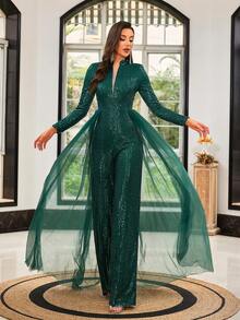 LOVE&LEMONADE Green Sequined Tie Cuff Elegant Long Sleeve V-Neck Jumpsuit - Green - View 2