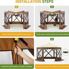 12x12ft Camping Gazebo, Portable Pop Up Canopy Outdoor Screen Tent 6 Sided With Mesh Windows And Carry Bag For Camping, Picnic, Backyard Party Outside Activities, Brown - coffee color - View 5