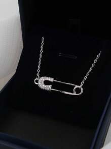 BALMORA 1 件 S925 纯银法式轻奢镀金回形针项链，配女士微镶嵌锆石别针、锁骨链、小众独特设计、生日礼物 - 銀色 - 查看 6