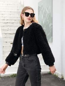 RELISH NOLESS Black Fluffy Short Jacket Casual Holiday - Black - View 5