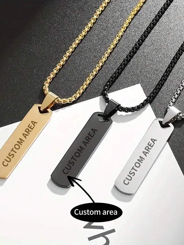 Individuell anpassbare Mode einfache glänzende eingravierte rechteckige Anhänger Halskette aus Edelstahl, legere Accessoires, schwarz, silber, gold, stylisch, farbig, vintage, einfach, unisex, lässig, süß, individuell, personalisiert, einzigartig, ideales Geschenk für ihn, ideales Geschenk für sie, sie, Freund, Freundin, Vater, Mutter, Familie, Freunde, für Jahrestage, für Geburtstage, für Abschluss, für Abschlussball, für Partys, Edelstahl Schmuck