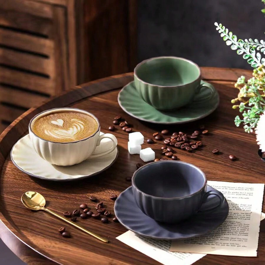 A Ceramic 8 Oz Cappuccino Cup Set With Saucer, Espresso Coffee Cup, Latte Macchiato Party Cafe Home, Vintage - Grey - View 1