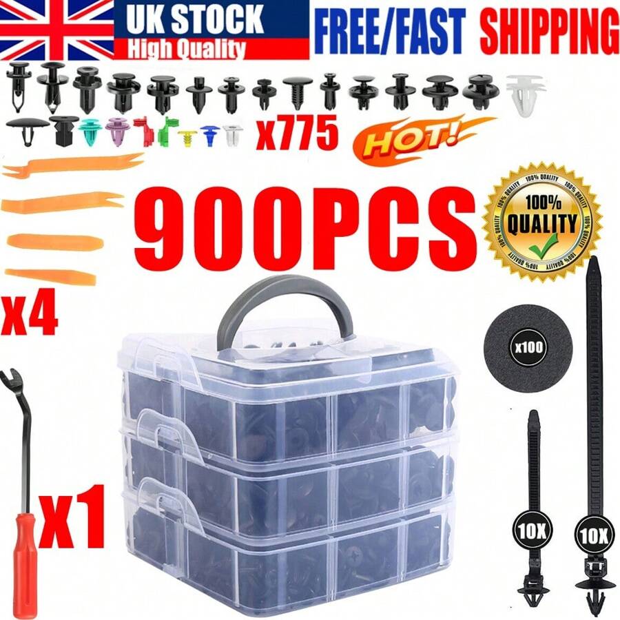 900Pcs Car Body Trim Clips Plastic Push Pin Rivet Screw Panel Fasteners Interior - Negro - Ver 1
