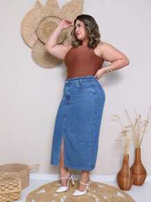 Casa de Jeans - Saia Jeans Mídi Feminina Cós Alto, Perfeita Para Mulheres Plus Size, Tamanhos 38 ao 54 - Lavagem Média - Visão 7