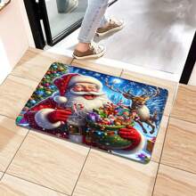 1pc Thickened 0.47 Inch/1.2cm Merry Christmas Kitchen Mat,Festive Santa Design, Non-Slip, Machine Washable, Perfect For Kitchen, Bathroom, Bedroom, And More - Rectangle Rug,Christmas Decor