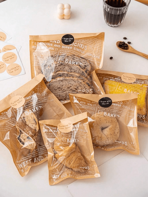 50 Pcs Bundle Brown Paper Bags For Baking Bread, Breakfast Loaf, Sliced Toast Packaging, Transparent For Sandwich, Pineapple And European-Style Bread
