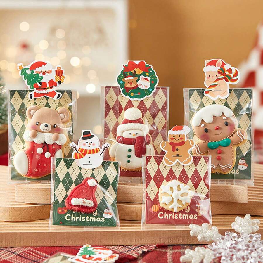 100 Pcs Christmas Cellophane Bags Self Adhesive Christmas Cookie Bags Treat Bags Clear Candy Bags Gift Bags For Xmas Party Favors Baking Sweets Goodies Bag - Multicolor - View 1