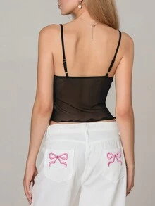 Women's Mesh Splice V-Neck Camisole Top - Black - View 2