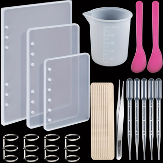 26 piezas. Kit de molde de silicona para cuaderno, molde de silicona para cubierta de cuaderno, adecuado para A5 A6 A7, molde de silicona para resina epoxi DIY de cuaderno, con anillos de libro, cucharas, pinzas, tazas, cuentagotas, palitos de madera