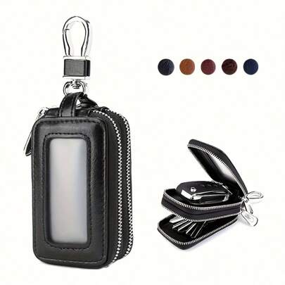 Black PU Leather Key Pouch With Clear Window Simple Style Dual-Zipper Coin Purse Non-Braided One Piece Holder Car Key Bag Halloween Gift Teachers Day Gift Men Gifts Gift For Women Mini Wallet