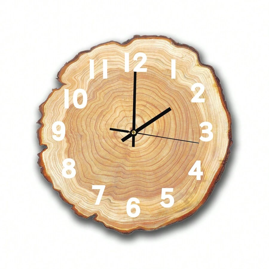 12-Inch Rustic Wooden Single Board Round Wall Clock - Silent, Battery Operated, Flat Wood Cross-Section Design - Great For Living Room, Bedroom, Kitchen, Farmhouse Decor, Unique Tree Rings Pattern - Batteries Not Included - monochrome - View 1