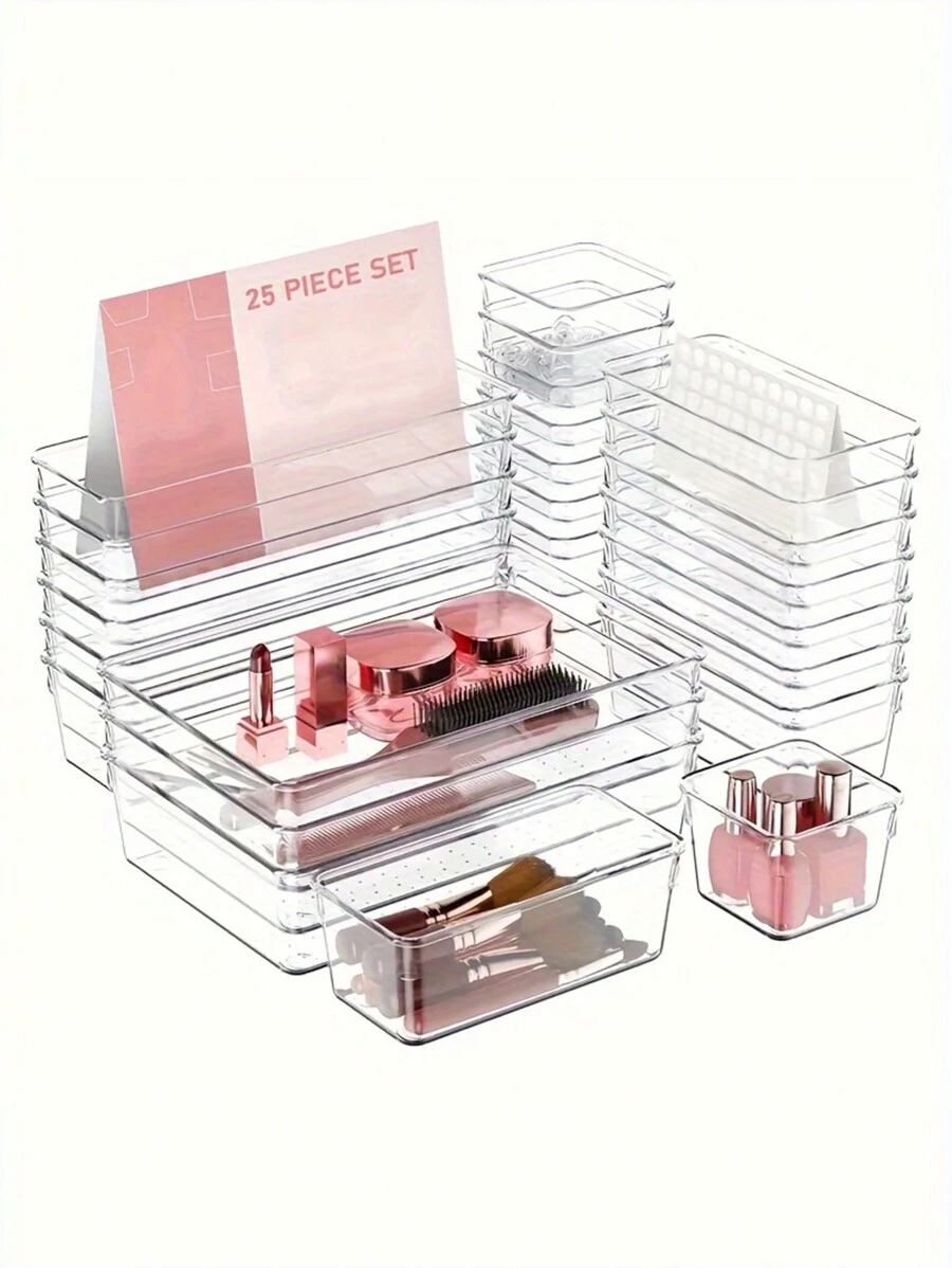 25/44pcs Drawer Type Transparent Storage Box Multifunctional Cosmetic Stationery Classification Storage Box Desktop Drawer Type Cosmetic Sorting Storage Box Set Table And Drawer Type Storage Products Cosmetic Storage Box - Trong suốt - Xem 1