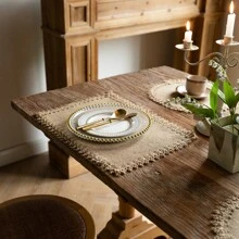 4/6pcs, Boho Chic Jute Placemats - Natural  Woven Dining Mats With Tassels, Vintage-Inspired Square & Round Design For Holiday Table Decor