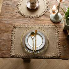 4/6pcs, Boho Chic Jute Placemats - Natural  Woven Dining Mats With Tassels, Vintage-Inspired Square & Round Design For Holiday Table Decor