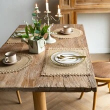 4/6pcs, Boho Chic Jute Placemats - Natural  Woven Dining Mats With Tassels, Vintage-Inspired Square & Round Design For Holiday Table Decor