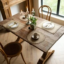 4/6pcs, Boho Chic Jute Placemats - Natural  Woven Dining Mats With Tassels, Vintage-Inspired Square & Round Design For Holiday Table Decor
