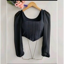 Cropped Women's Long Tulle Sleeve Fashion Blogger - 黑色 - 查看 3