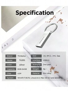 Lenovo Dysk flash USB Thinkplus 8 GB, 16 GB, 32 GB, 64 GB, TU201 z brelokiem, metalowy, kreatywny, spersonalizowany, samochodowy, muzyczny, szybki, USB, prezent