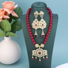 1set Fashion Arabic Women Beads Choker Necklace Long Drop Earring Morocc Bridal Jewelry Set Gold Color Tassels Pendant - Necklace + Earrings - View 6