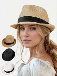 1PC Foldable Straw Fedora Hat - Short Brim Rolled Edge Panama Hat For Summer Beach Sun Protection Lightweight Breathable Casual Travel Sun Hat,Vacation - Multicolor - View 2