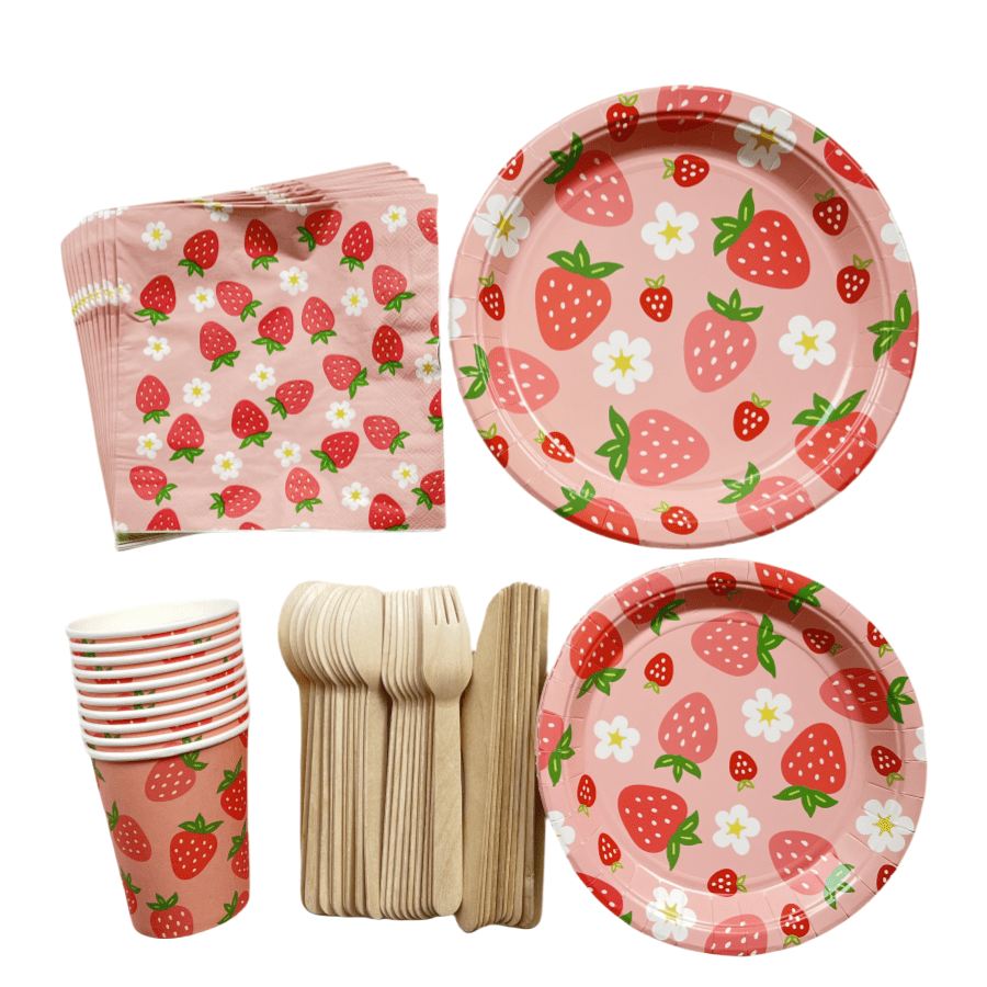 Decoraciones para fiesta de cumpleaños con temática de fresa, que incluye bandera con forma de fresa, servilletas, platos y vasos desechables para el conjunto de vajilla de fiesta con tema dulce de fresa, para suministros de fiesta de cumpleaños o Navidad