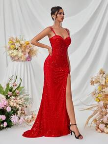 ADYCE Femei cu paiete cu bretele spaghete cu fantă în față, fără spate, rochie maxi formală, rochie de seară de petrecere, rochie de bal elegantă, pentru invitat la nuntă, absolvire, cină - roșu - Vizualizare 5