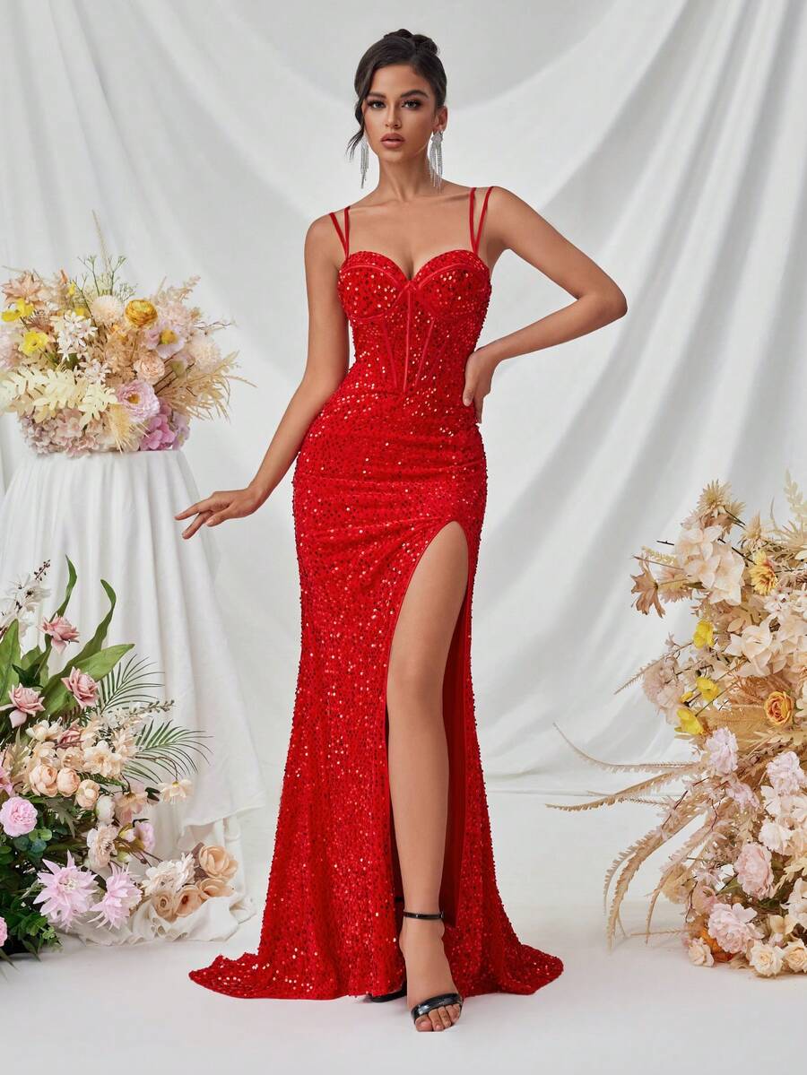 ADYCE Femei cu paiete cu bretele spaghete cu fantă în față, fără spate, rochie maxi formală, rochie de seară de petrecere, rochie de bal elegantă, pentru invitat la nuntă, absolvire, cină - roșu - Vizualizare 1