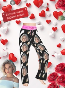 [DIY] Customized Women's Funny Pajama Pants, Portrait Photo Customization, Gift/Novelty, Big Head Photo, Human Face Substituting, Lightweight, Breathable, Quick-Drying, Silky Soft Fabric, Gift For Friends/Partners/Lovers, Party/Birthday Present - Black - View 1