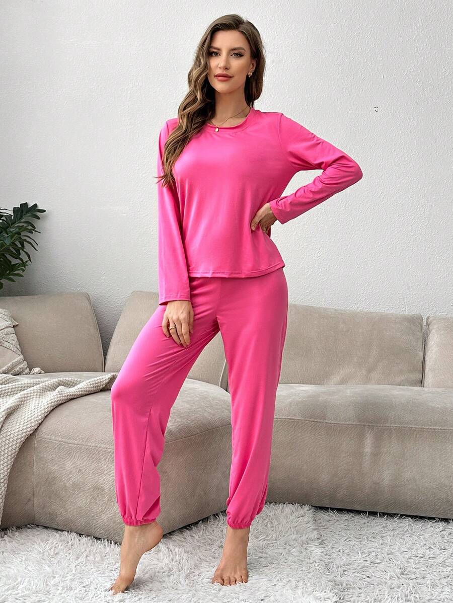 2 piezas Conjunto de pijama de mujer de manga larga y pantalones color rosa - Rosa Fucsia - Ver 1