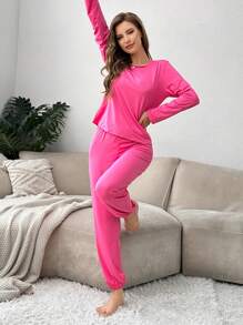 2 piezas Conjunto de pijama de mujer de manga larga y pantalones color rosa - Rosa Fucsia - Ver 4