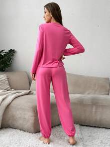 2 piezas Conjunto de pijama de mujer de manga larga y pantalones color rosa - Rosa Fucsia - Ver 2