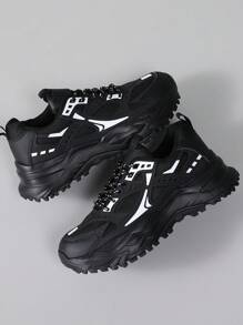 男士粗獷運動鞋，拼色繫帶運動鞋，厚底增高，戶外圓頭運動鞋，百搭學生運動鞋，訓練鞋 - 黑色 - 查看 6