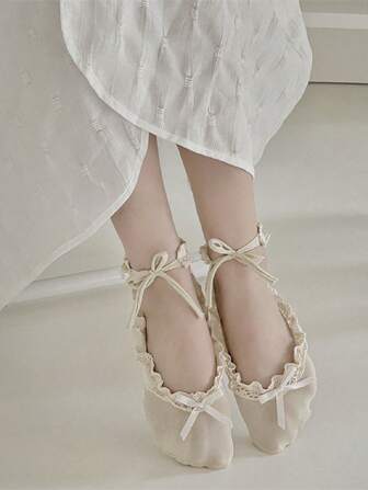 1pair White Ballet Shoes Socks For Women With Lace Tie Short Socks,Japanese Style, Fall