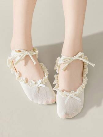 1pair White Ballet Shoes Socks For Women With Lace Bow Tie Short Socks,Japanese Miu Style