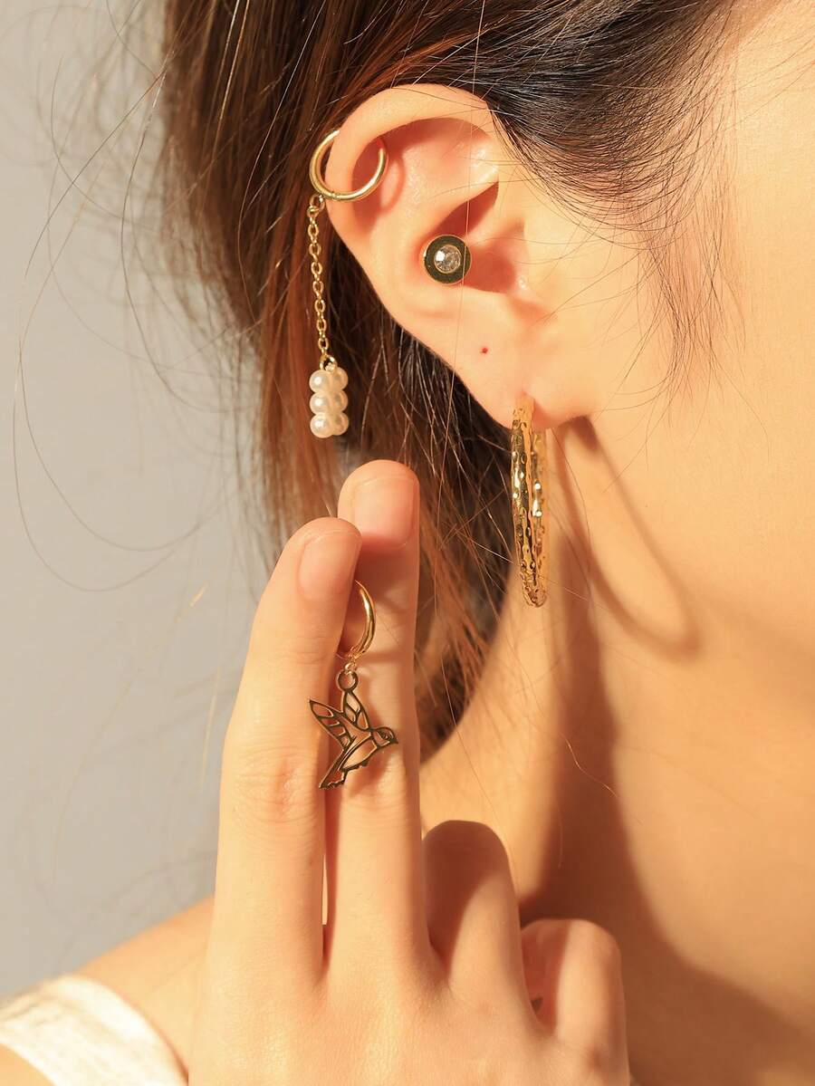 GUERNONO 4 对/套独特时尚不锈钢镀金鸟和人造珍珠纹理环状耳环，适合女士日常佩戴、毕业典礼、度假、万圣节、教师节礼物 - 金黃色 - 查看 1