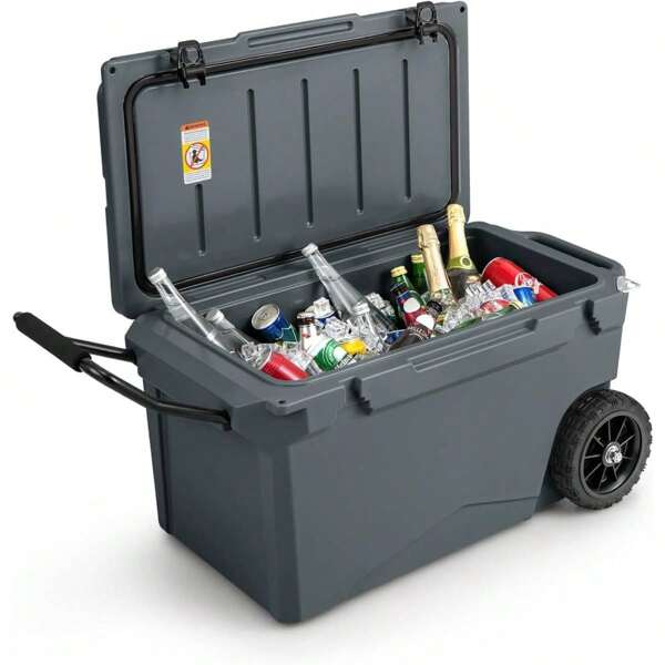 Glacière 71L, glacière portable avec poignée, roulettes et décapsuleur, grande glacière thermobox sans électricité pour nourriture et boissons, extérieur pour camping, barbecue, pique-nique