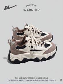 WARRIOR Women's Sporty Chunky Sneakers, 2024 New Spring Autumn Breathable Casual Lace-Up Non-Slip Thick-Soled Outdoor Running Shoes, Dirt-Resistant All Season
