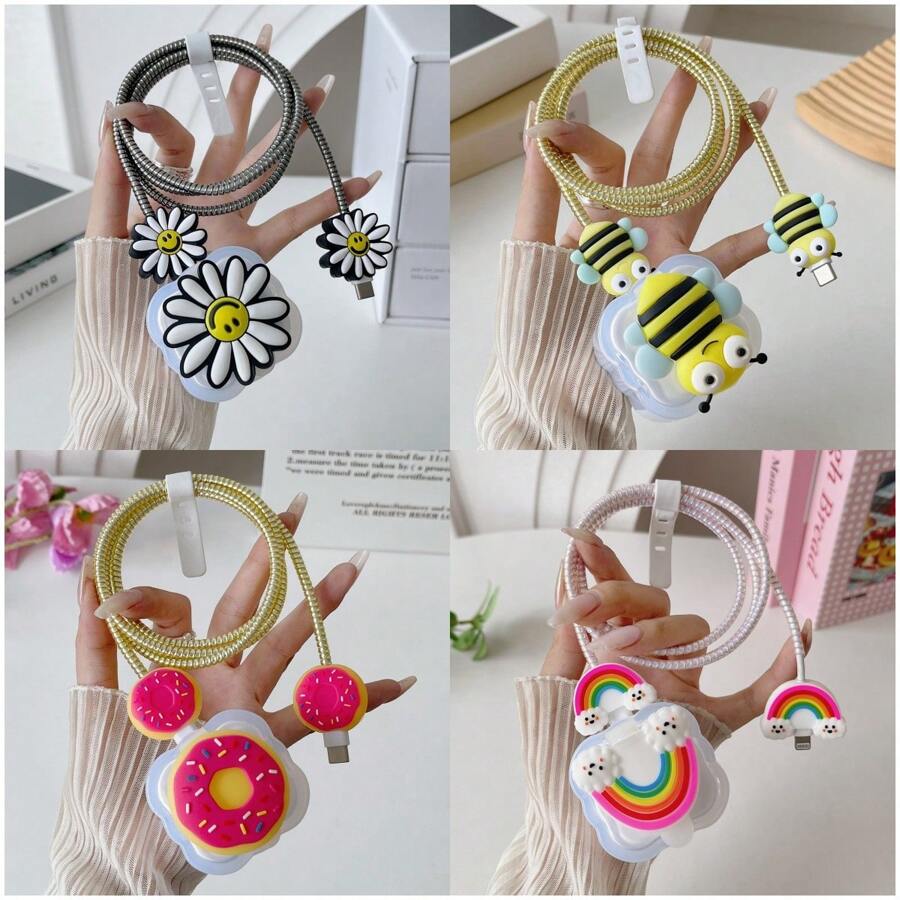 5 件英国兼容 Apple 20 瓦快速充电器外壳充电器盖和螺旋电缆保护器套装（笑脸花、甜甜圈、7 色彩虹、蜜蜂图案） - 彩色 - 查看 1