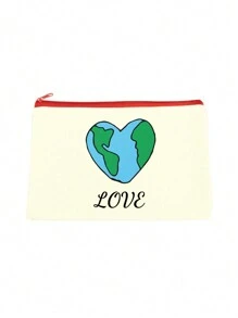 1pc Heart-Shaped Silkscreen Printed Personalized Cosmetic Pouch, Red Zipper, Customizable With Name, Holiday Phrases Or Other Info, Double-Sided Printing, Simple Yet Stylish Design