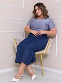 Denim Midi Skirt With Front Slit High Waist Modern Plus Size - 深色水洗藍 - 查看 4