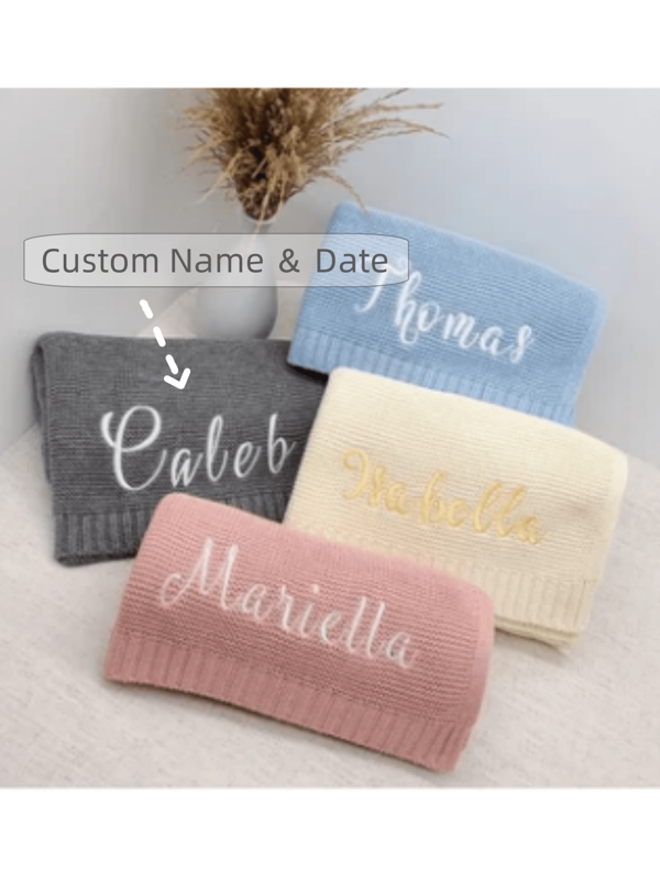 1pc Personalized Baby Stroller Blanket, Knitted Nap Quilt With Embroidered Name And Date, Soft & Comfortable Throw Blanket For Sofa Baby Shower Family Decorations Gifts Multi-Functional, Ornamental, Floral Exquisite, Stylish, Baby Fashion, Soft Squishy, Colorful, Vintage, Cute Kawaii Adorable Unique, Customized Winter Fashion, Gift, Personalized Gifts