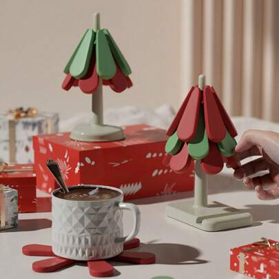 1PC/1set Silicone & ABS Christmas Tree Trivet Set, Heat Resistant Folding Cup Mat, Anti-Scald Table Pad, Versatile Pot Holder With Stand, Ideal For Christmas, Halloween, Easter, Thanksgiving - 3 Pcs