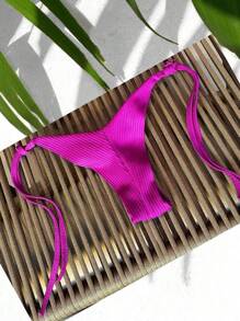 Retro Ribbed Textured Half Cup Bikini With Underwire Cup Glitter Wing Panties Double Thread Semi Thread Set Summer Beachwear - 玫瑰紅 - 查看 2