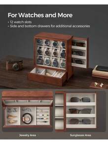 SONGMICS 12 槽木制手表盒，带窗口的手表展示盒，带实木贴面的手表展示柜，天鹅绒衬里，垂直存储，节省空间，适合返校宿舍收纳的礼物 - 棕色 - 查看 3