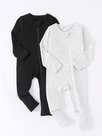 2pcs/Set Baby Girls Bamboo Fiber Ribbed Zipper , Soft, Breathable, Skin-Friendly, High Elasticity, Solid Color Combination, Long Sleeve And Long Pants Two-Way Zipper Jumpsuit (With Reversible Sleeve & Foot Covers)