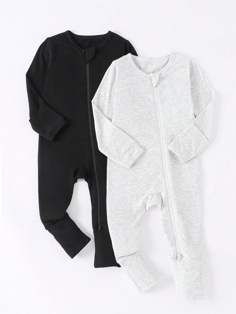 Set de 2 piezas Conjunto de bebé niña de bambú acanalado con cremallera, suave, transpirable, amigable con la piel, alta elasticidad, combinación de unicolor, mono de manga larga y pantalón largo con cremallera bidireccional (con mangas y cubiertas para los pies reversibles)