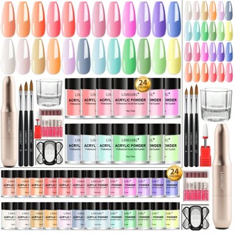 LIMEGIRL 24-Colors Acrylic Crystal Powder Set, Achieve Home Nail Salon Quality, Acrylic Nail Kit With 3 Nails Brush, 1 Gold Sander Nail Drill, Crystal Cup, Nail Art Extension Guide Paper Form For Beginners Home DIY Salon Acrylic Press On Nails
